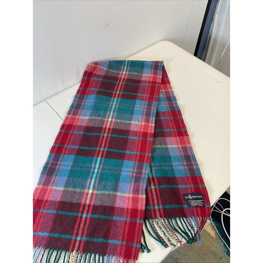 Vintage Polo Ralph Lauren Scarf Wool Blue Plaid Tartan Scotland Pony‎ Rare Color